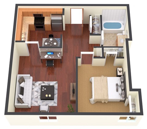 Floor plan for 1 bed, 1 bath, 498 sqft